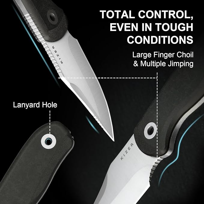 Kizer Drop Bear Fixed Blade Knife 2.6 S45VN Satin Blade EDC Hunting Knife with Black Richlite® Handle &amp Built-in Tools Outdoor Small Camping Survival Knives with Adjustable Kydex Sheath 1092A3