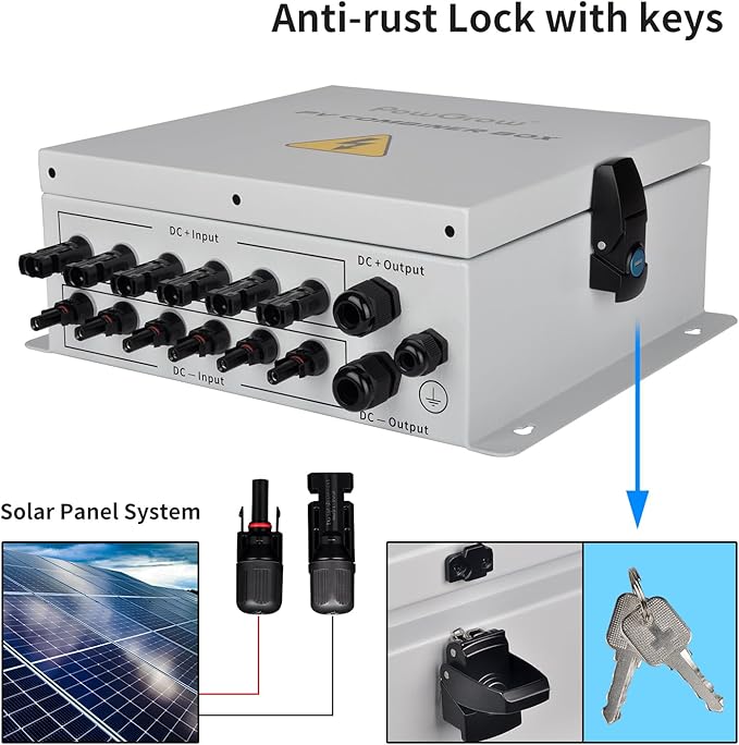 PV Combiner Box 6 String Solar Combiner Box with 15A Rated Current Fuse Surge Protective Device and 63A Air Circuit Breaker for On/Off Grid Solar Panel System Pre-Wired Cable Metal Box