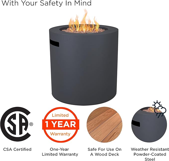 Real Flame Aegean 24 Round Propane Gas Fire Pit Table with Hidden Tank 50000 BTU Powder-Coated Steel Push-Button Ignition Lava Rock Storage Cover Stainless Steel Burner with Lid - Wthrd Slate
