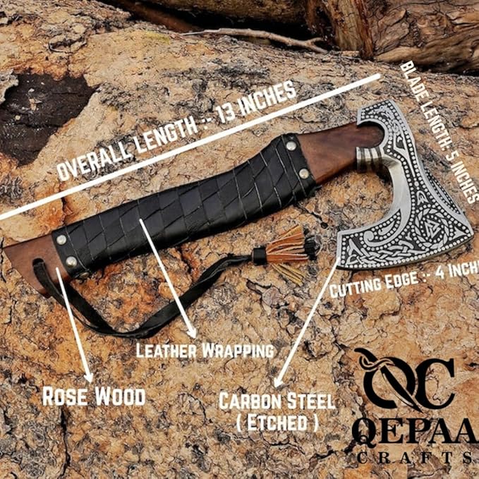 Qepaa Crafts®Russian Valknut Wood Viking Style Bearded Axe Tomahawk - Real Hatchet Best Gift for Anniversary Valentine's Day BirthdayLeather Sheath with Leather Wrap Handle Perfect Hand Grip (SFL)