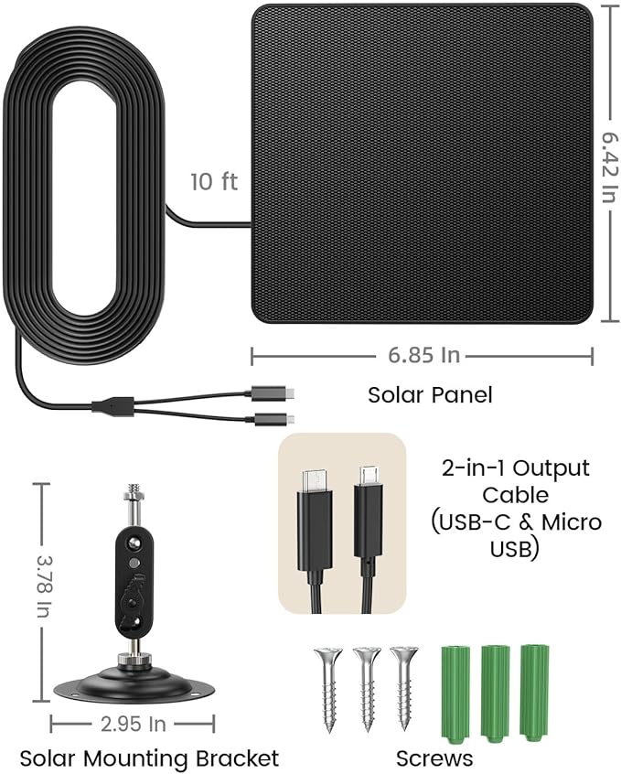 KJK 6W Solar Panel for Security Cameras – Solar Battery Charger with Micro USB &amp USB-C IP67 Waterproof with 360° Adjustable Mount