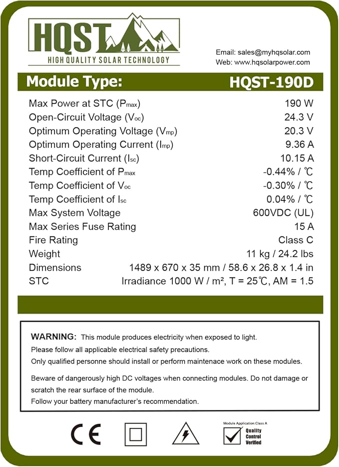 HQST Solar Panel 190 Watt 12 Volt High-Efficiency Monocrystalline PV Module Power Charger for RV Marine Rooftop Farm Battery and Other Off-Grid Applications 190W Single