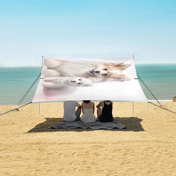 ALAZA Cute Dogs Puppy Beach Tent Sun Shelter UPF50+ Protection Beach Shade Canopy w/ 4 Sandbags for Outdoor Camping Fishing Backyard Fun Picnic 10x9 ft