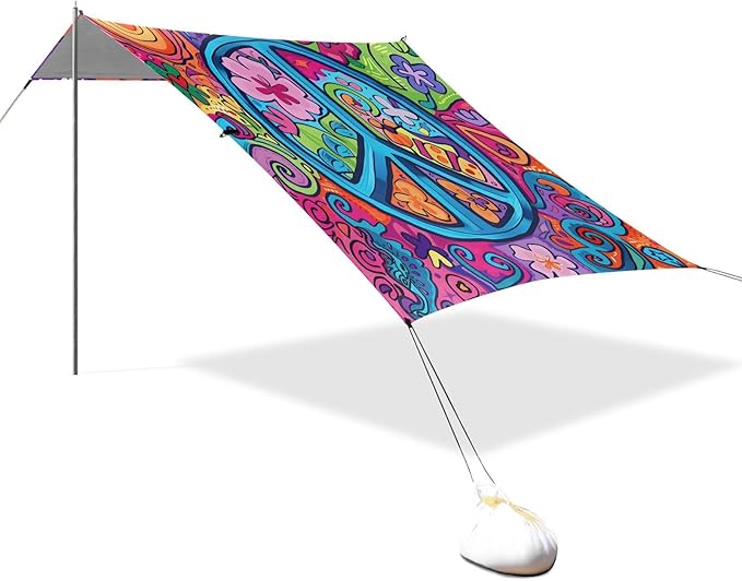 ALAZA Cute Peace Sign Beach Tent Sun Shelter UPF50+ Protection Beach Shade Canopy w/ 4 Sandbags for Outdoor Camping Fishing Backyard Fun Picnic 10x9 ft