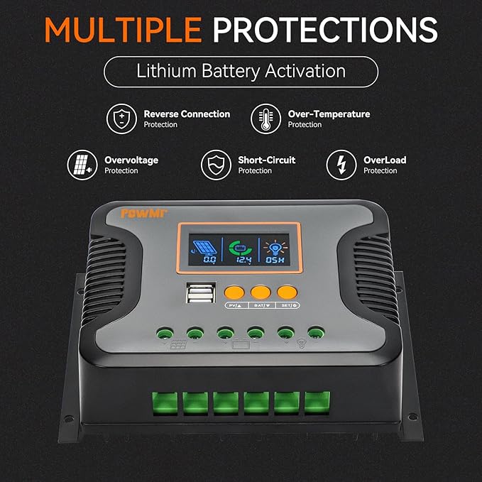 PowMr 60A Solar Charge Controller 12V/24V/36V/48V Auto Regulator with Parameter Adjustable LCD Display and Dual USB for Lithium Battery AGM Gel Sealed and Flooded Battery Charge