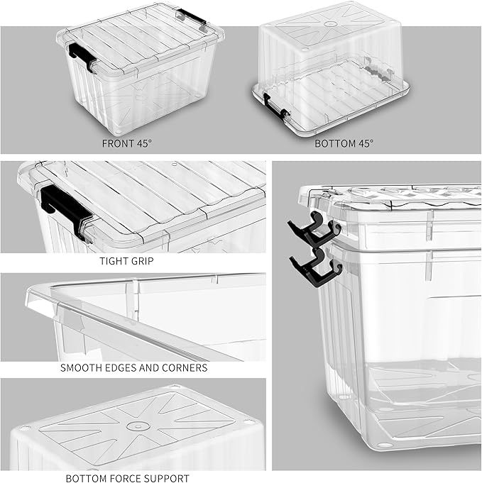 Cetomo Lidded Storage Bin Stackable Storage Box Organizing Container with Lid and Snap Lock Durable Plastic Clear 18 Quart Pack of 6