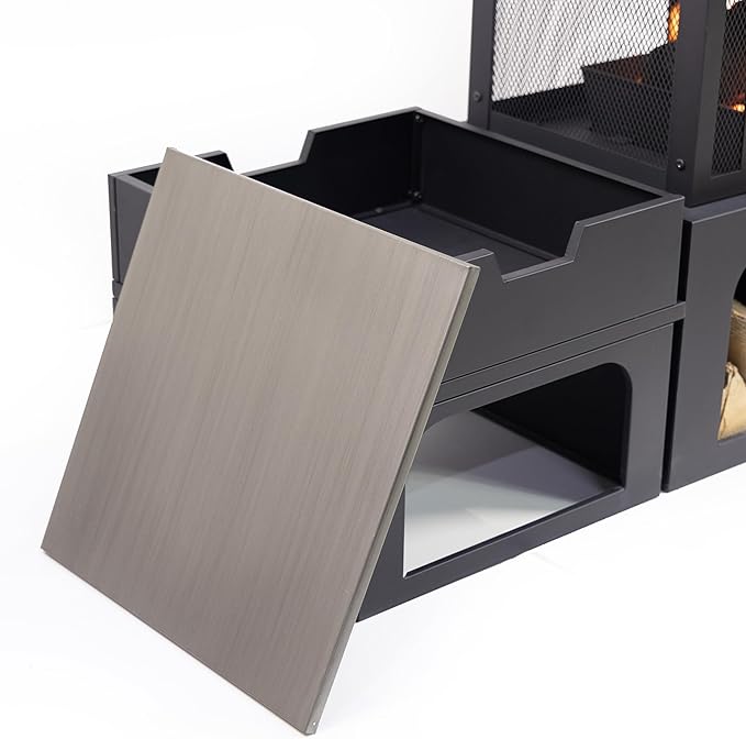 70 Inch Rectangular Outdoor Steel Woodburning Fireplace with Side Tables - Integrated Log Storage and Log Poker