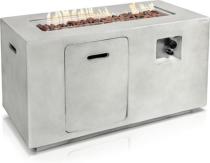 SereneLife Concrete Outdoor Propane Fire Pit Table - CSA/ETL Certified Safe 50000BTU Pulse Ignition Weatherproof Square Propane Gas Fire Table - Adjustable Flame Thermocouple - PVC Cover