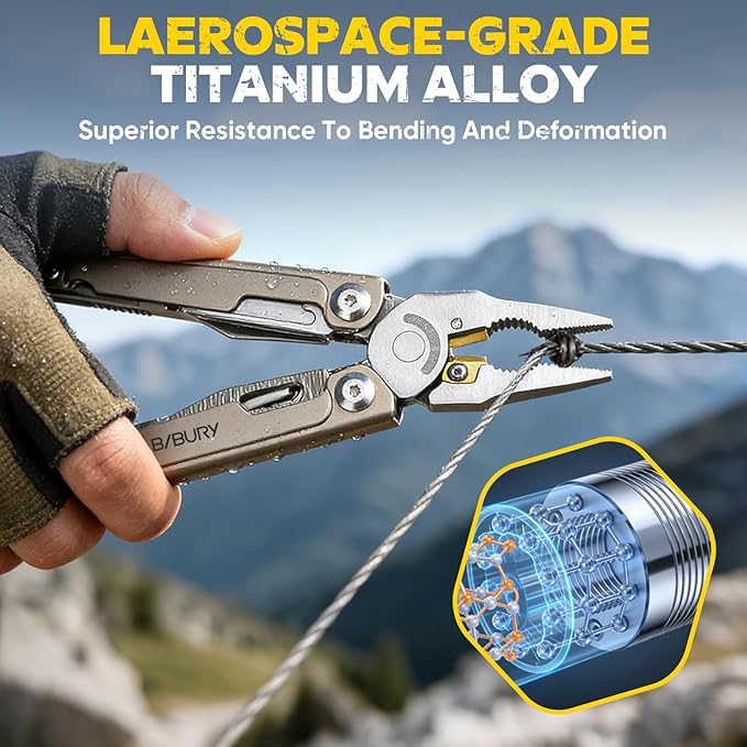BIBURY Titanium Alloy Multitool with Damascus Knife EDC Multi tools with Replaceable Wire Cutters Scissors Screwdriver Bits Titanium Handle Multi-Tool for Camping Survival Repair - BI2049TI