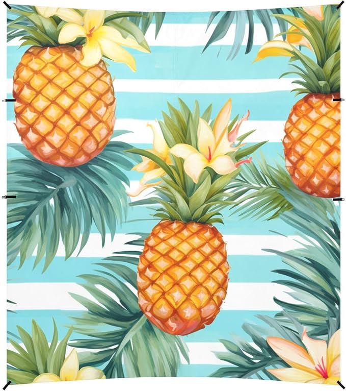 ALAZA Pineapples Palm Leaves Flowers on A Striped Beach Tent Sun Shelter Portable Canopy Sunshade for Outdoor Camping Picnics Backyard Fun 10x9 ft