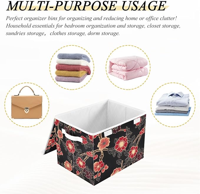 Storage Cube with Lid Chinese Flowers Print 16.5×12.6×11.8 IN 1 Pack Collapsible Large Capacity Foldable Storage Basket Bin Organizer
