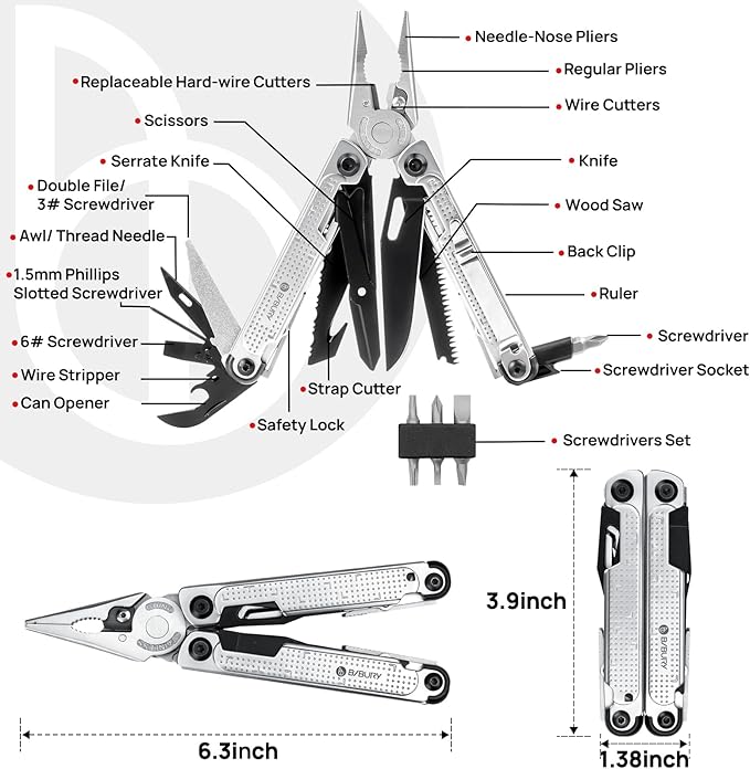 BIBURY Multitool Pliers BI2048B Stainless Steel Multi Tool with Upgraded Rope Cutter and Screwdrive Foldable Self-locking Multitools with Nylon Pouch Ideal for Camping Hiking Survival Repair