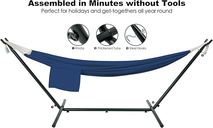 Gafete Double Hammock with Stand for Outside Upgraded Spreader Bar Heavy Duty Space Saving Steel Stand 2 Person Side Pockets Easy Assembly 600lbs Weight Capacity Indoor &amp Outdoor (Navy Blue)