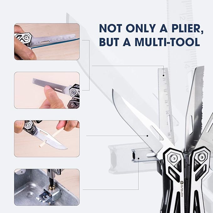 BIBURY Multitool with Pocket Knife 21-in-1 Stainless Steel Pliers with Screwdriver Safety Locking Multi tools with EDC Knife for Survival Camping Fishing Repair Birthday Gifts for Men Women