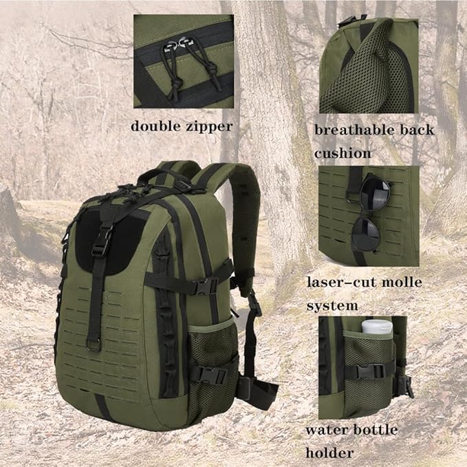 Military Tactical Backpack For Men Laser-Cut Molle Daypack 3 Day for HikingWorkingTravel (black green)