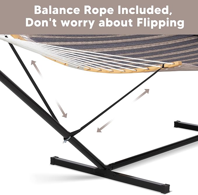SUNCREAT Hammocks for Outside with Stand Included Double Hammock with Curved Spreader Bar Carrying Bag Gray Stripes