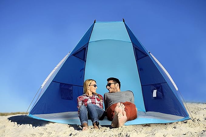 Blue Medium Beach Tent Sun Shelter for 2-3 Person Summer Vacation | Easy Setup Outdoors Canopy Cabana with Carry Bag Travel Family Weekend Holiday