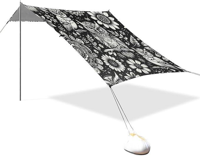 Gray Owls and Flowers Beach Tent Sun Shelter Set UPF50+ UV Protection 10.5 x 9.19 FT Camping Shade Canopy with Sandbags Sand Anchors Carrying Bag and Others