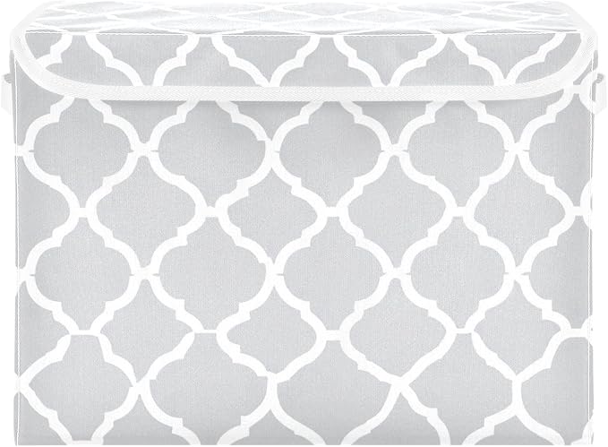 Storage Bins with Lids Storage Containers Box Organizer Bin Basket with Handles for Closet Shelves Clothes Stackable Foldable Decorative Silver Geometric Quatrefoil