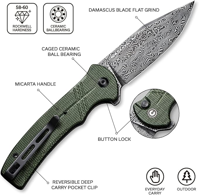 CIVIVI Cogent Button Lock Flipper Pocket Knife Damascus Blade Green Micarta Handle Good for Outdoor EDC Camping C20038D-DS1