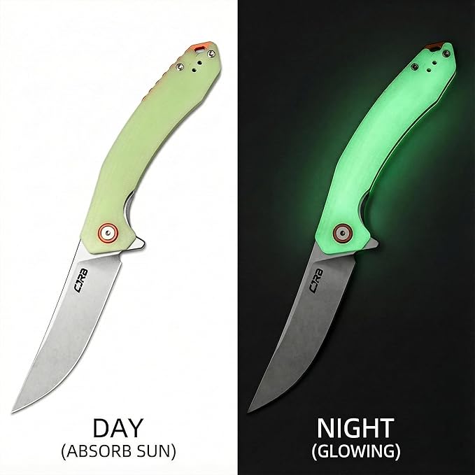 CJRB Gobi G10 Glow in the Dark Handle Folding Pocket Knife 3.5'' AR-RPM9 Steel Blade Manual EDC Knife with Liner Lock for Outdoor Camping Hiking Fishing(J1906-GD)