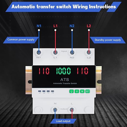 100Amp AC 110V Automatic Transfer Switch with LED Display 2P Dual Power Outdoor Electrical Changeover Switch L1 Priority Mini ATS Din Rail Mount 50/60Hz CE Certified