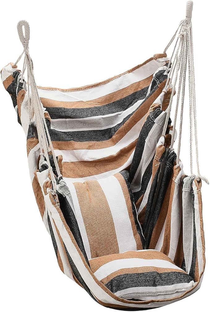 Hammock Chair Hanging Swing with 2 Pillows &amp Side Pocket Soft Cotton Tassel Swinging Chair with Strong Webbing Straps &amp Hooks Indoor Outdoor Comfort Seat (Brown)