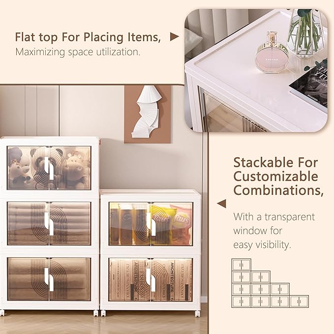 Kozyard Foldable Storage Bins with Lids Stackable Storage Bins with Doors and Wheels Magnetic Dual-Opening Doors Storage Containers for Bedroom Living Room Closet Laundry (White-3Pack)