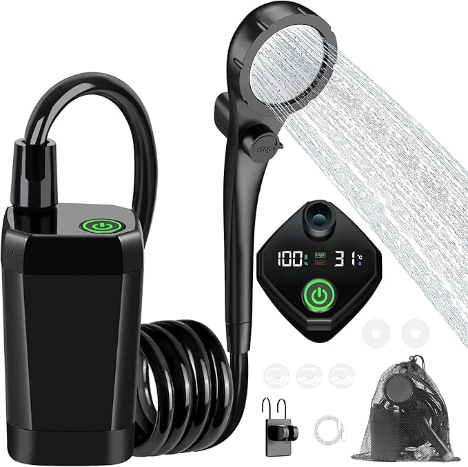 Fotgear Portable Camping Shower - 6000mAh Rechargeable Outdoor Shower with LED Display - IPX7 Waterproof Camping Shower Kit for Hiking Travel Car Washing RV Pet Bath