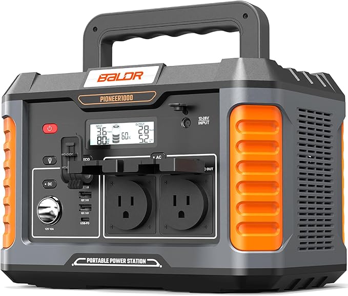 BALDR 1000W Power Station 808Wh 18.5 lbs Portable Lightweight Solar Generator with AC Outlet Multiple Ports for Camping Home Backup.