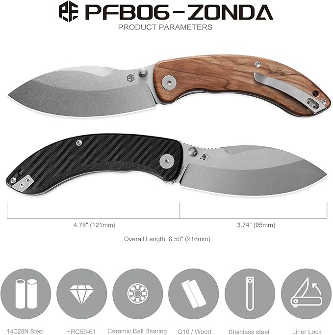 Petrified fish PFB06 Zonda Folding Knife3.74 14C28N Steel Stonewashed Blade G10 Handle Folding Pocket Knife for EDC Camping Outdoor (Black Stonewashed)