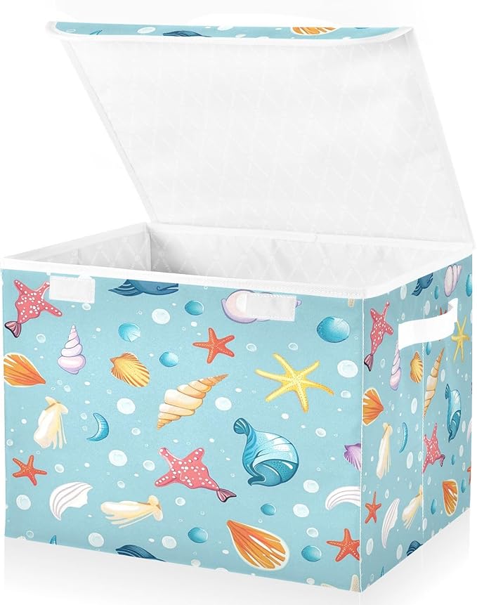 Storage Bins With Lid Stackable Fabric Closet Organizer Clothing Storage Large Boxes For Closet Shelves Bedroom Blue Marine Icons