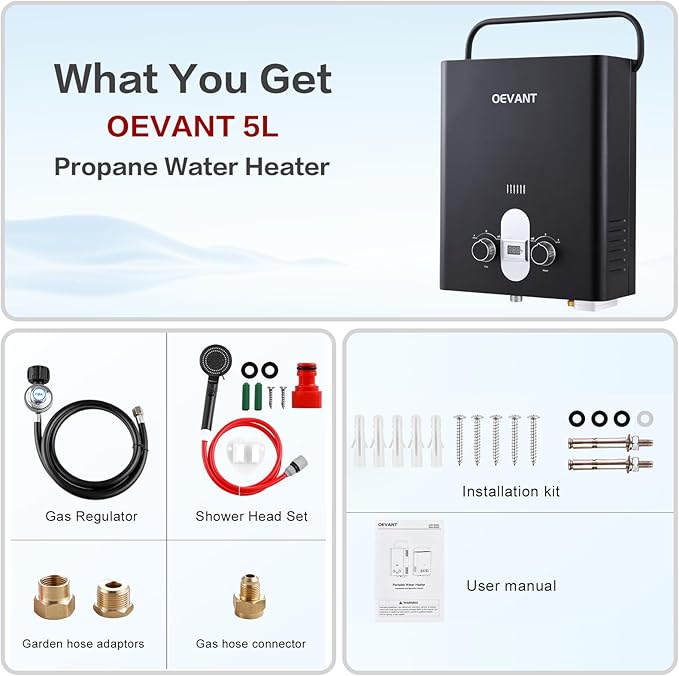 Propane Water Heater 1.32 GPM 5L Portable Tankless Water Heater with Overheating Protection Upgrade Screw-free Back Shell Instant Hot Water for RV Camping Outdoor Shower (BLACK)