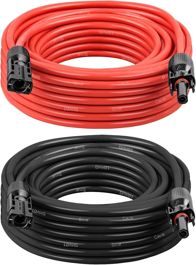Solar Panel Extension Cable - 10AWG 25FT Solar Wire with Female &amp Male Waterproof Connector PV Wire for RV Photovoltaic Systems Home Boat Solar Panels Car(25 feet Red + 25 feet Black)