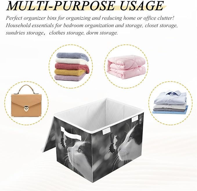 Storage Cube with Lid Cat with Butterfly Print 16.5×12.6×11.8 IN Collapsible Large Capacity Foldable Storage Basket Bin Organizer