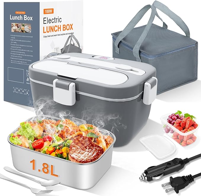 DUPASU Electric Lunch Box Food Warmer: 100W Heated Lunch Box for Adults 1.8L Portable Fast Heating Lunchbox Food Heater for Car Truck Work Travel Lonchera Elctrica Porttil 12/24V/110-230V