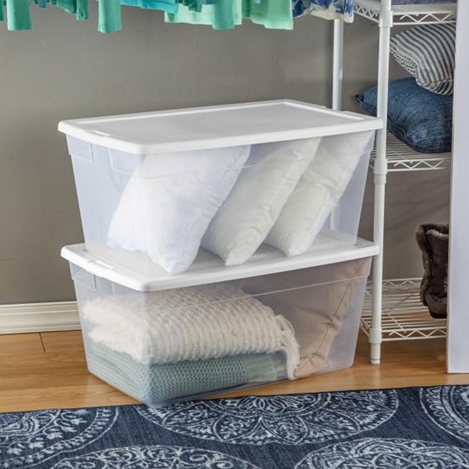Sterilite 8-Pack 90 Quart Storage Box Stackable Clear Plastic Bins with Snap-On Lids - Heavy-Duty Organizing Containers for Closet Bathroom and Office