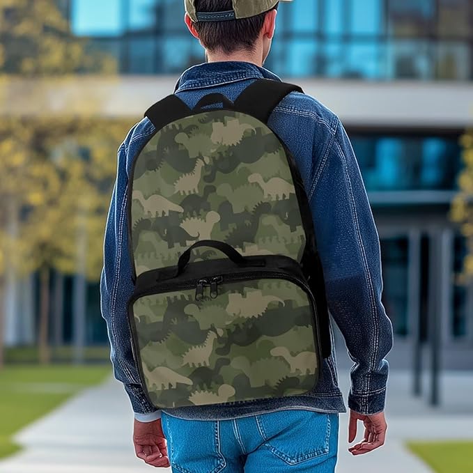 Green Camo Backpack with Lunch Box Dinosaur Bookbag with Adjustable Shoulder Strap Lightweight School Bag for Men Lightweight Satchel Bag for Travel
