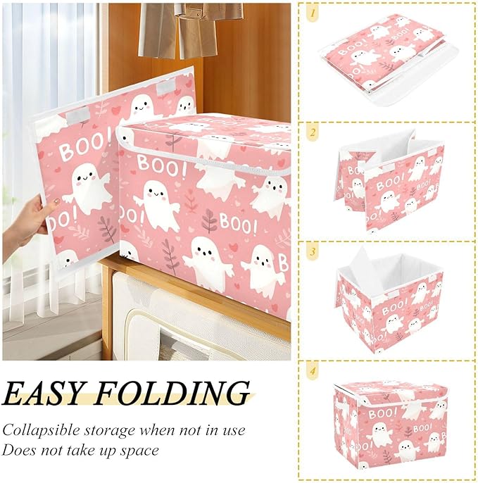 Halloween Baskets Collapsible Storage Bins with Lids Ghost Love Grass Storage Boxes Clothes Baskets for Organizing