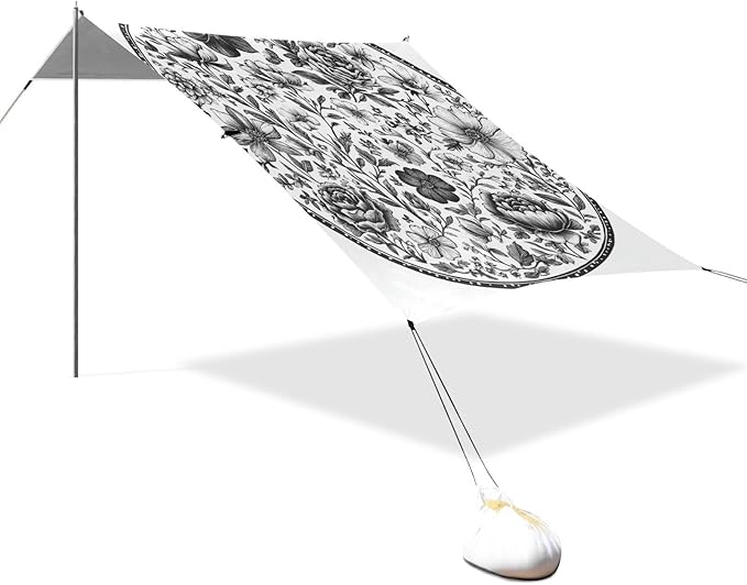 Peonies Delphinium Butterflies Bees White Foldable Beach Tent UPF50+ Water-Resistant Large Portable Sun Shelter with Carrying Bag for Camping Trips Fishing Backyard Fun or Picnics