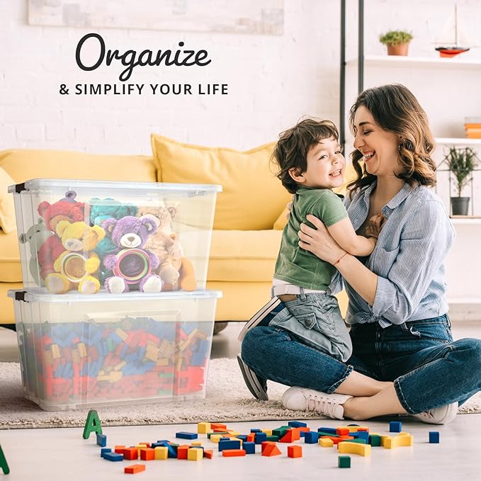 Lifetime Appliance Parts 6 PACK 54 Qt. Plastic Storage Bin Tote Organizing Container with Ultra Durable Lid &amp Secure Latching Buckles Stackable Extra Strength Clear w/Black Handle