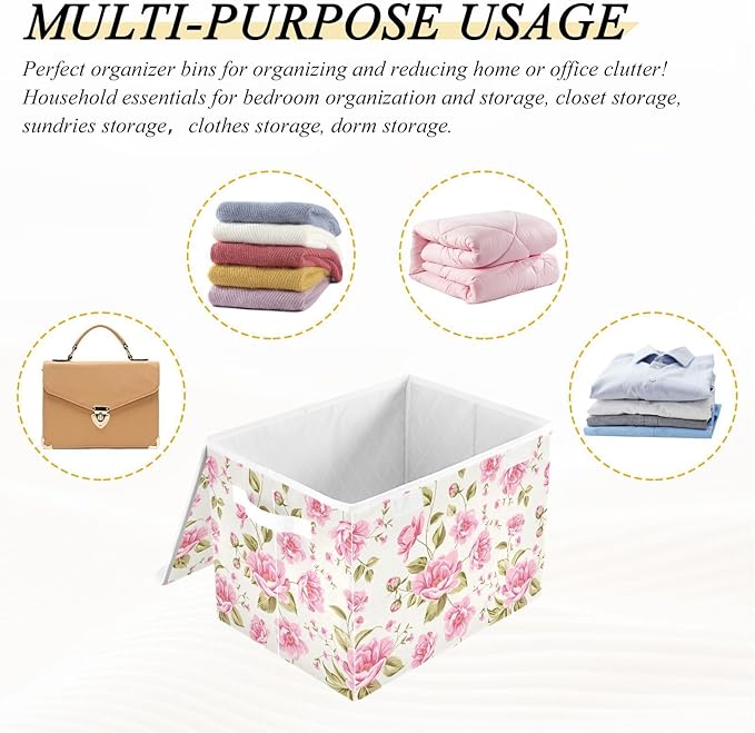 Storage Box Rose Flower Floral Closet Storage Bins with Lids Foldable Oxford Fabric Storage Box for Home Bedroom Closet Office (16.5x12.6x11.8 in)