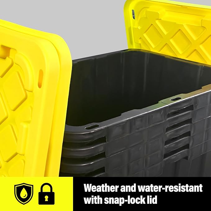 BLACK &amp YELLOW 27-Gallon Storage Bin with Snap-on Lid Heavy Duty Plastic Storage Bins with Lid Stackable 4 Pack