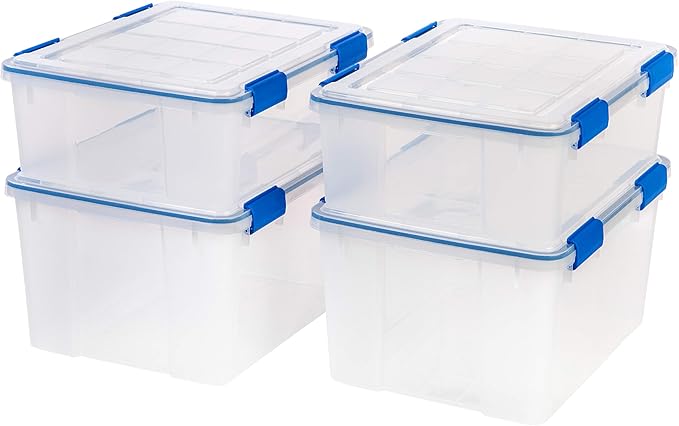 IRIS USA WeatherPro 27 &amp 44 Qt Storage Bins with Lids 4 Pack BPA-Free Plastic Gasket Box with Tight Latch and Seal Stackable Nestable Tote Tub - Clear/Blue