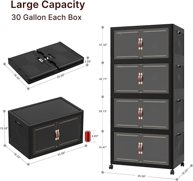 UAMFURI Stackable Storage Bins with Lids 480QT Closet Organizers Lockable Storage CabinetFoldable Storage Box with Doors and Wheels Plastic Drawers for Home Garage Office (4 Black Large)
