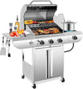 Electactic 3-Burner Propane Gas Grill with Side Burner – 34000 BTU Stainless Steel Outdoor BBQ Grill Cast Iron Grates Portable with Wheels for Patio Camping