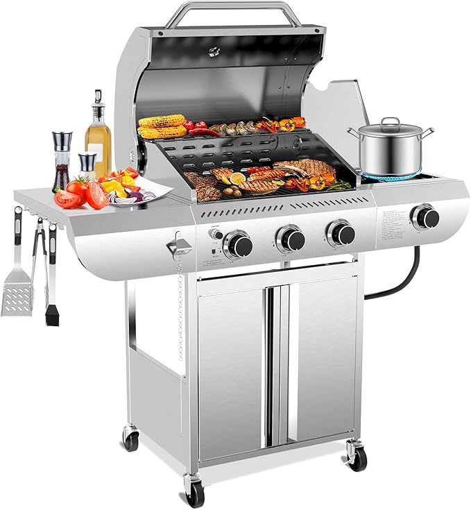 Electactic 3-Burner Propane Gas Grill with Side Burner – 34000 BTU Stainless Steel Outdoor BBQ Grill Cast Iron Grates Portable with Wheels for Patio Camping