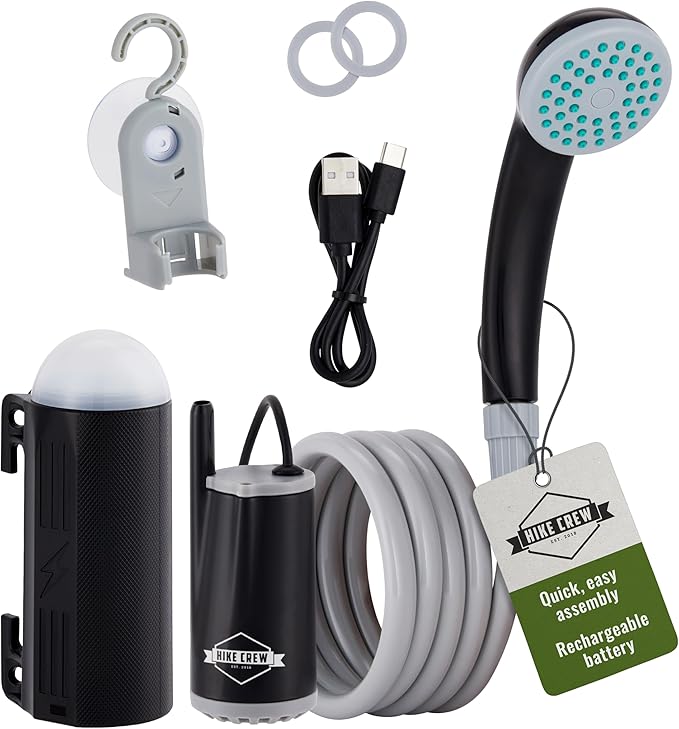 Hike Crew Portable Battery-Operated Shower with LED Light | Outdoor Camping Handheld Shower Head with 70-Min Rechargeable Battery Water Purifying Pump 6-Ft Hose &amp Hands-Free Suction Cup Hook Mou