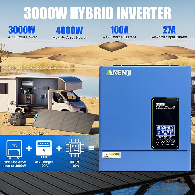 Hybrid Solar Inverter 3000W 24Vdc to110Vac Off-Grid Inverter100A MPPT ControllerSupport Battery-Less or AGM Lithium Battery Pure Sine Wave for Home BackupSolar Systems