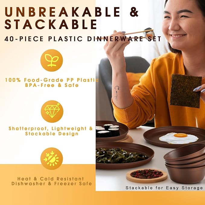 40 Piece Plastic Dinnerware Set for 8 with Cutlery Unbreakable Plates and Bowls Set Dishwasher &amp Microwave Safe Reusable Dish Set for Camping RV Outdoor Kitchen Apartment Dining Brown